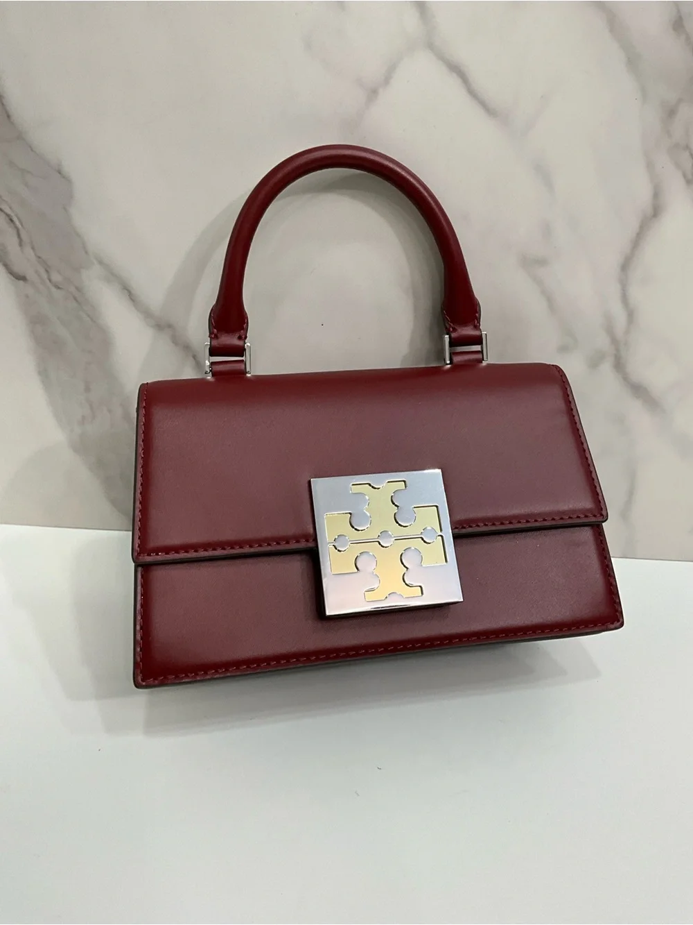 TORY BURCH Bon Bon Spazzolato Leather Mini Top Handle Crossbody Bag Burgundy